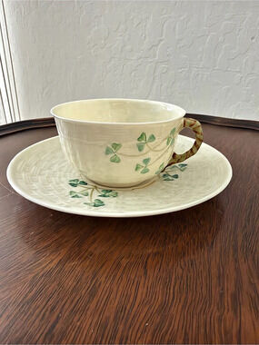 Belleek Shamrock Basketweave Teacup and Saucer Cream & Green